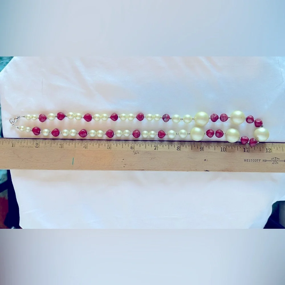 Vintage 1950’s Necklace Faux Pearl & Cranberry Colored Beads